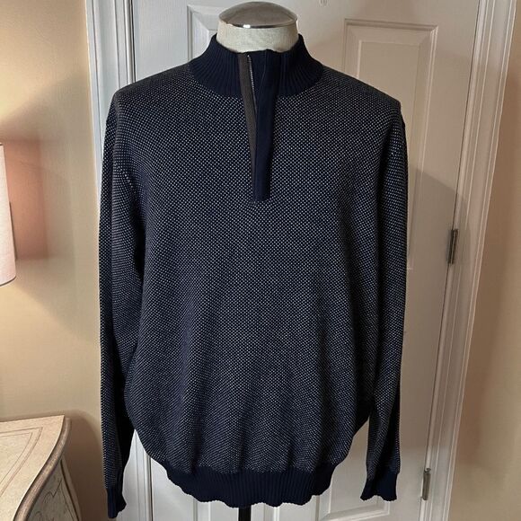 $278 NWOT‎ Men's Peter Millar Jacquard Wool Quarter Zip Sweater Navy Dot Size XL - Picture 1 of 7